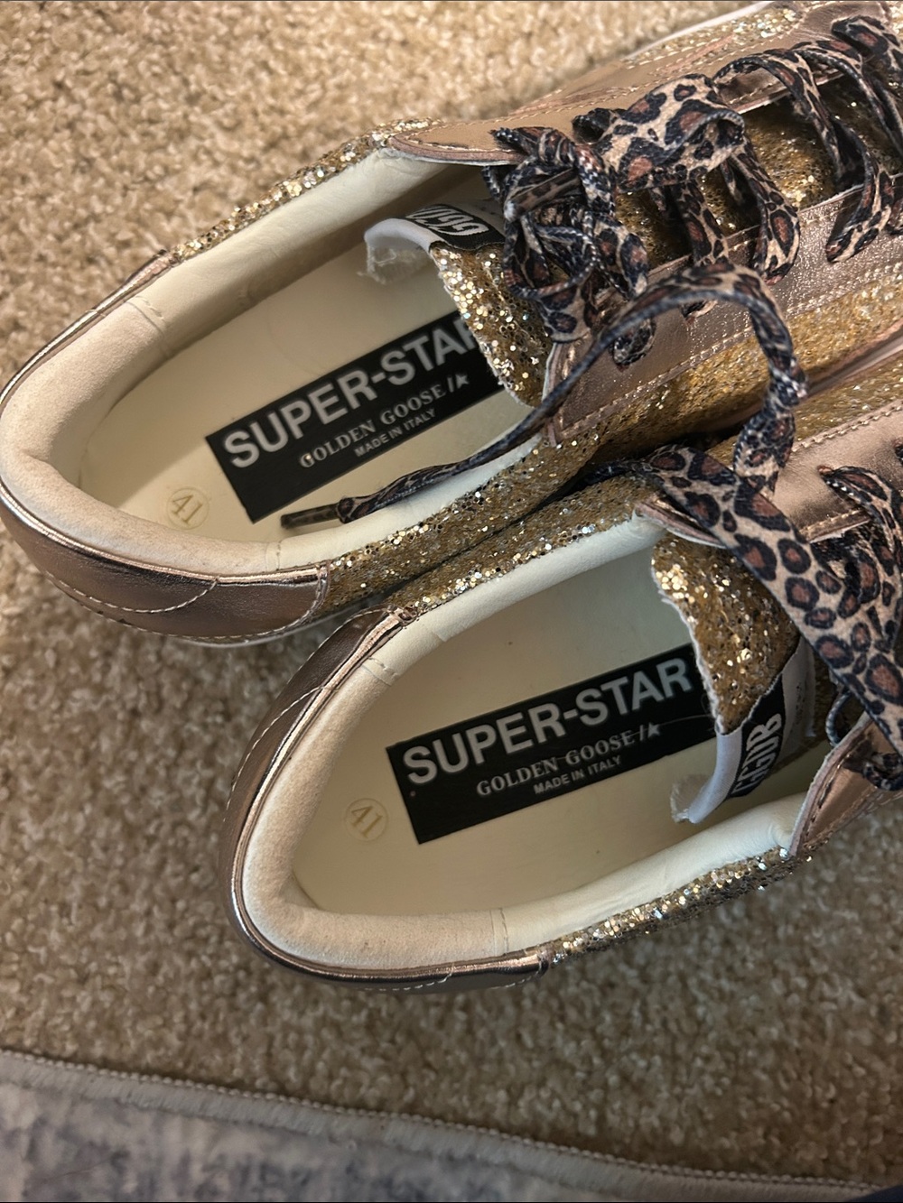 Golden Goose Glitter Low-Top Sneakers in Gold with Leopard Laces See Description - Picture 2 of 2
